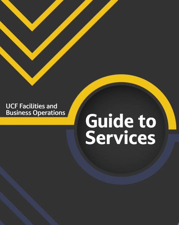 A black box with gold trim with the words Guide to Services